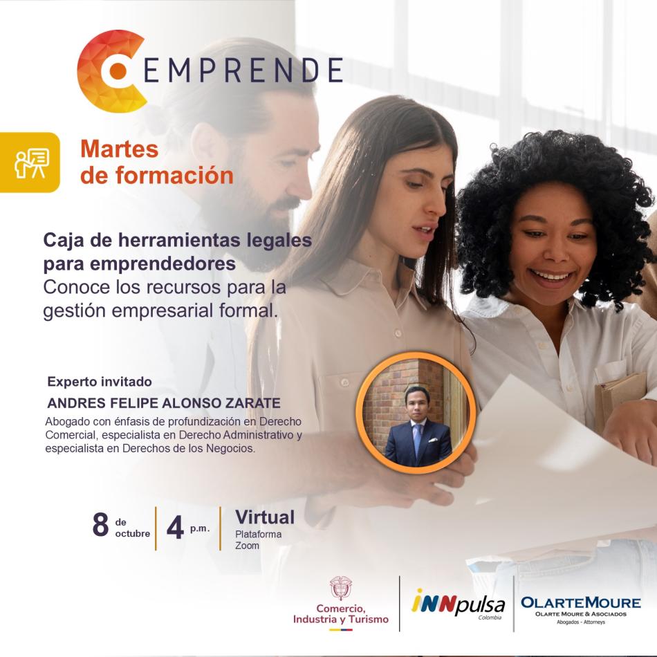 🔊Conéctate a nuestro #MartesDeFormación y aprende sobre la caja de herramientas legales para emprendedores. Descubre las herramientas y recursos esenciales para gestionar tu emprendimiento de forma profesional y sostenible. 
